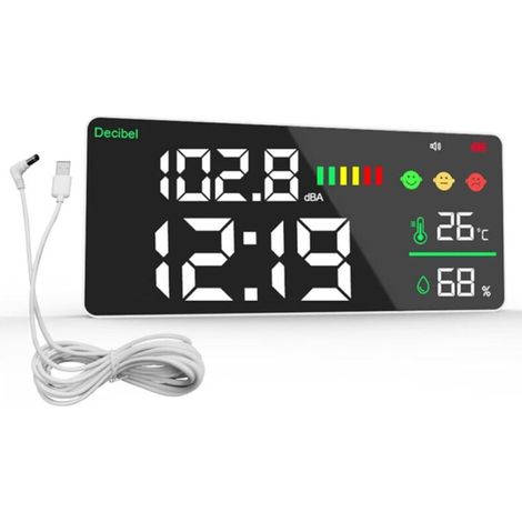Medidor de nivel de sonido digital LED de 11" para montaje en pared, de 30 a 130 dB, con indicador de decibelios/temperatura/humedad, recargable con cable USB, medición de ruido (1/5)