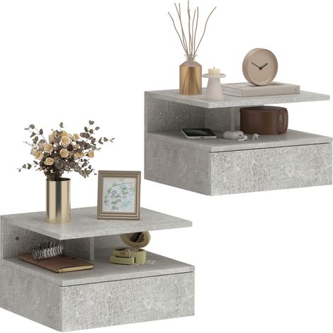 Set di 2 Comodini Sospesi con Cassetto e Mensola Aperta, 35x32x22.5 cm, Grigio Cemento (1/5)