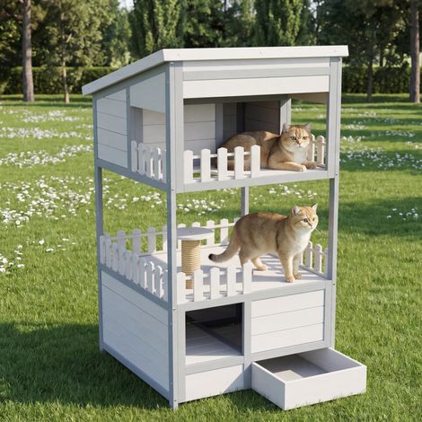 Modernluxe - Maison de chat outdoor à 2 niveaux, nichoir en bois de sapin avec tiroir à litière galvanisé - Gris