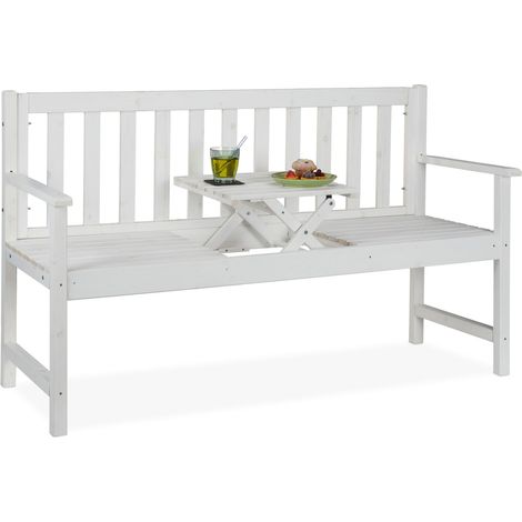 Relaxdays Banco Jardín con Mesa Integrada, 3 Plazas, Asiento Madera Resistente, Balcón o Terraza, 90x152x56 cm, Blanco