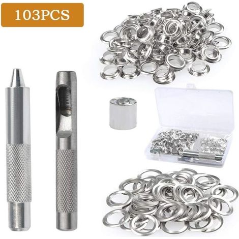 103-teiliges Ösen-Set für Planen, Stoffe (10/15 mm), geeignet für Vorhangherstellung und Bastelarbeiten Reparaturset für Kunststoffplanen mit 100 Ösen (1/4)