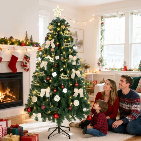Árbol de Navidad 180 cm con Adornos 200 Luces LED Blanco Cálido 8 Modos de Iluminación 650 Ramas Verde (1/5)