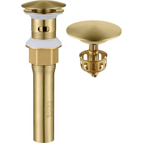 Bonde de vidange à clapet, bouchon de vidange pour lavabo de salle de bain avec trop-plein, filtre de vidange anti-explosion et anti-obstruction (or brossé)