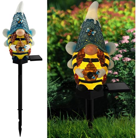 Lumières solaires pour jardin Gnome, statue Gnome d'extérieur avec abeilles et pots de miel, lumières solaires pour jardin féérique, décorations Gnome pour la maison, le jardin, la pelouse, la terrass