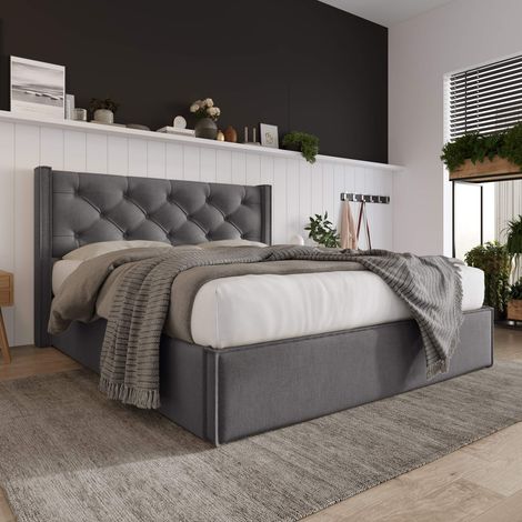 Lit coffre rembourré 140x200 cm avec sommier à lattes inclus, rangement hydraulique, cadre métal et bois massif, lit double en coton gris, sans matelas (1/5)