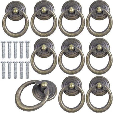 Lot de 10 poignées de tiroir vintage en alliage de zinc, rondes, style antique, pour placards, commodes et meubles. (1/4)
