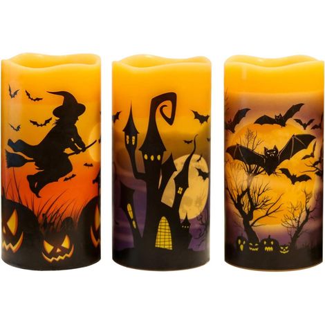 3 Bougies LED Halloween – Cire Réelle, Minuterie 6H, Piles, Chauve-Souris, Sorcière (1/5)