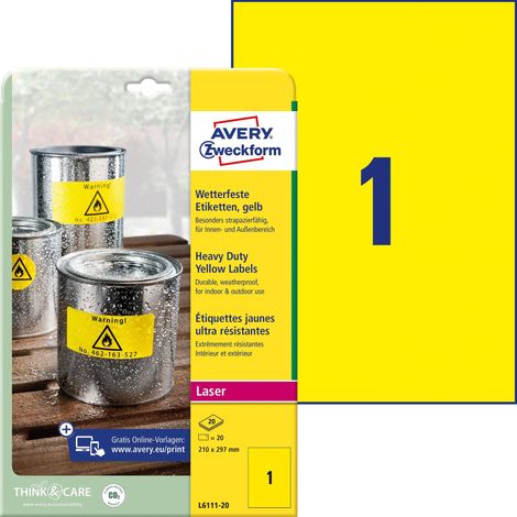 Avery L6111-20- Set di Etichette per Identificare Cavi ElettriciGiallo, 210x297, 20 Pezzi (1/5)