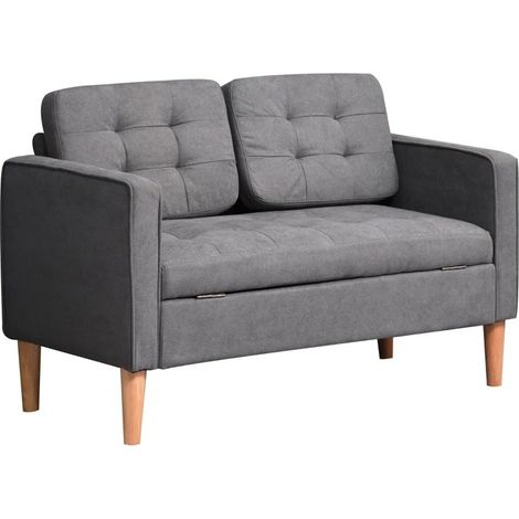 Divano a 2 posti in tessuto grigio con cuscini sfoderabili, legno di gomma, 117x62x78 cm (1/5)