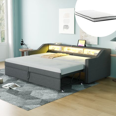 Multifunktionales Polsterbett ausziehbar mit Stauraum, LED-Beleuchtung und USB, 90/180x200 cm, Dunkelgrau, inkl. 2 Federkernmatratzen (1/5)