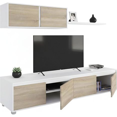 Dmora – Meuble TV blanc et chêne 200x41x43 cm – Composition moderne avec meuble haut et étagères – Panneau mélaminé résistant aux chocs - 200x41h43