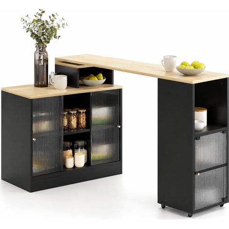 Table bar extensible avec rangement, meuble de séparation 3 en 1, plateau pivotant, roulettes 360°, MDF noir et verre texturé, style moderne CHICFURN (1/5)