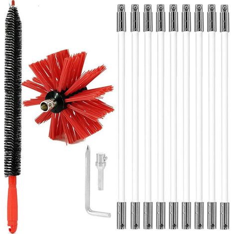 Kit de Brosse Flexible pour Ramonage de Cheminée avec Tiges et Brosse Rouge Nettoyage des Conduits et Évents de Sécheuse Compatible Perceuse Électrique (1/4)