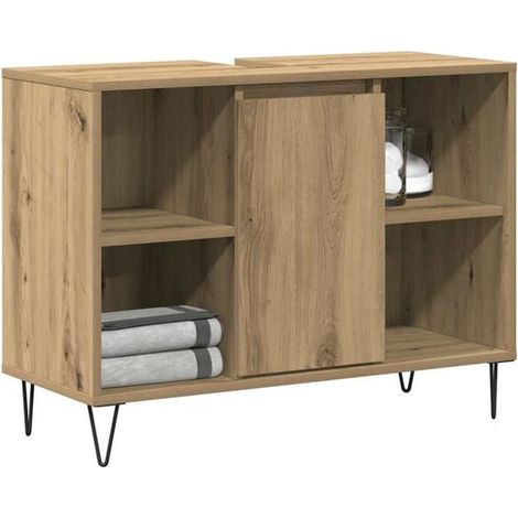 Meuble de Salle de Bain en Chêne Massif 80x33x60 cm, Vasque Intégrée avec Rangement, Design Moderne et Élégant pour WC (1/5)