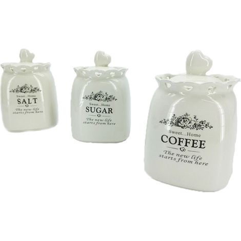 Tris barattoli bianco contenitori porta sale zucchero caffè spezie decoro cuore per casa cucina in ceramica moderno (1/5)