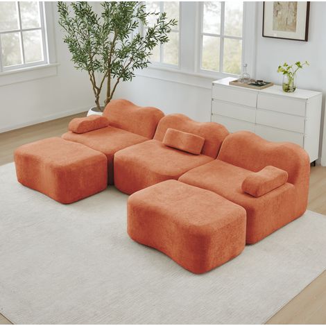 Canapé modulaire en U 3 places en velours orange avec 2 ottomans, assise profonde (1/5)