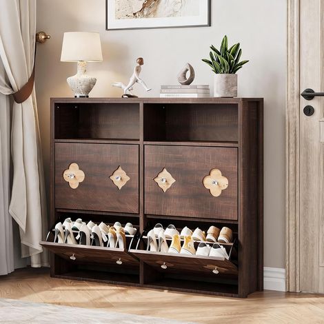 Meuble à chaussures marron foncé étroit en bois style farmhouse 4 tiroirs abattants, motif floral étagères réglables rangement dissimulé entrée et salon maison (1/5)
