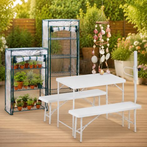 Outdoor-Set (4-teilig) – Sonnenschirmhalter, Windspiel in Muschelform, Klapptisch und Anzuchtkasten (1/5)
