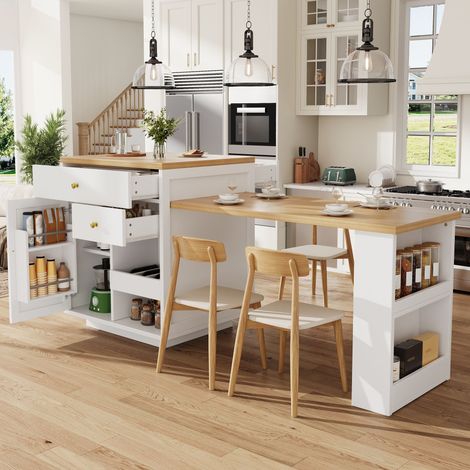 îlot de cuisine extensible 122.5-195.5 avec plateau extensible, tiroirs et casier à vin,Table de bar avec étagères intérieures,Table à manger,Blanc