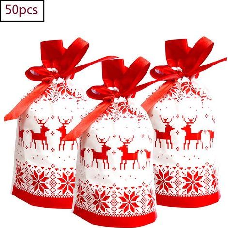 Sac Cadeau À Cordon De Noël - 23,5 x 15 cm - Imprimé Arbre De Noël Renne Et Texte Merry Christmas - En Plastique Robuste - Lot De 50 (1/5)