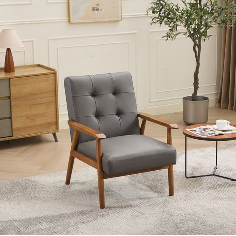 Fauteuil lounge en cuir gris avec accoudoirs et structure en bois, charge 150 kg,64x80x83 cm (1/5)