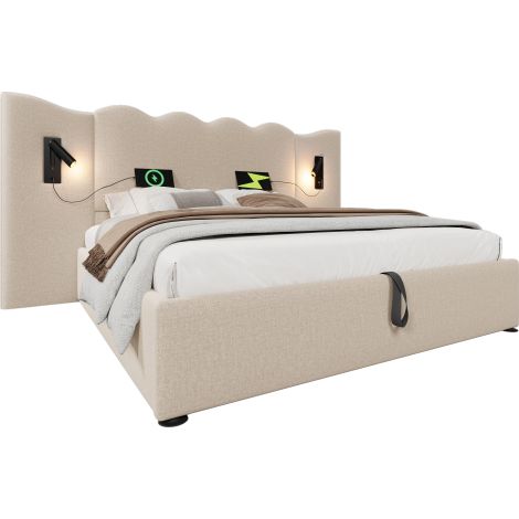 Polsterbett Doppelbett mit Leselampe und USB Type-C Ladefunktion, Stauraumbett Bettgestell mit Lattenrost aus Massivholz und Metall, Cordstoff (Ohne Matratze)