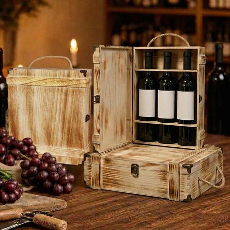 3 caisses en bois pour trois bouteilles, avec poignée et bouchon en métal