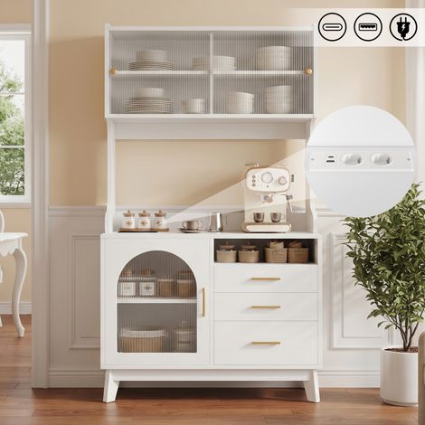 Buffet haut blanc 100,5x40x178 cm porte acrylique ondulée, multiples espaces de rangement, prises intégrées ports USB-A USB-C pour cuisine et salle à manger (1/5)