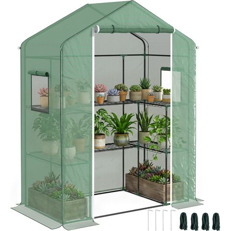 Serra giardino 140x73x190 cm, 1 porta, 2 finestre, 2 ripiani a U, copertura PE - IROVAMI