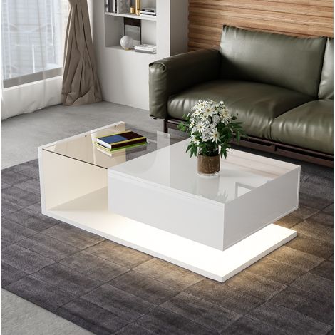 Mesa de centro con tablero de vidrio y LED de 16 colores, almacenaje, blanco brillo HAVRYA (1/5)