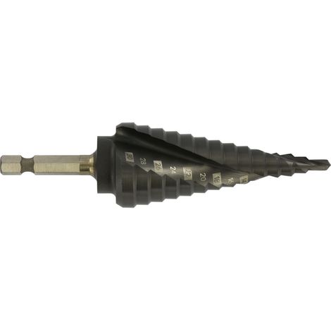Tivoly • Foret conique étagé HSS -Revêtu TiAlN -Shock serie -Hélicoïdal -Pointe en croix -Queue hexagonale (Boite brochable) / ØMin/Max : 4/30