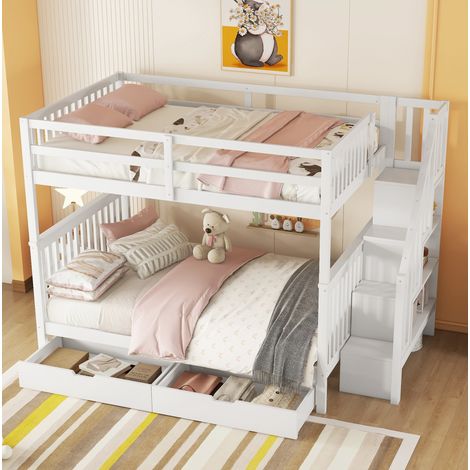 Etagenbett 140/200 cm weiß aus Kiefer und MDF mit Trepperegal und 2 Schubladen (1/5)