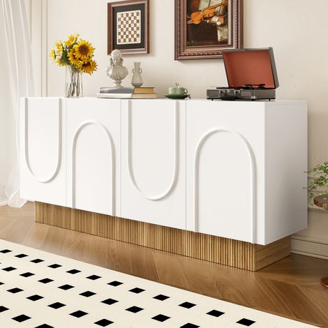 Buffet 160 x 38 x 75 cm pour salon & salle à manger, 4 portes, grand rangement, panneaux de particules, blanc/bois (1/5)