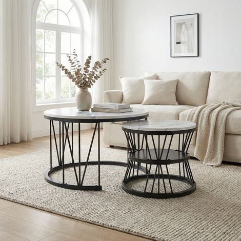 Couchtisch Rund 2er Set, Satztisch 70/45cm mit modernem V-Gestell, Marmor-Optik Beistelltisch, Platzsparender Kaffeetisch für Wohnzimmer & Schlafzimmer, Schwarz