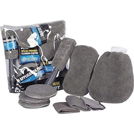 Kit per la pulizia dell'auto da 9 pezzi: panni in microfibra, spazzola in spugna, guanto per il lavaggio, spazzola per i cerchioni e prodotto per la cura della vernice. (1/5)