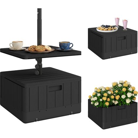 Pied de parasol carré avec plateau de table. support parasol en HDPE à roues. remplissage eau sable 53 x 53 x 45 cm noir