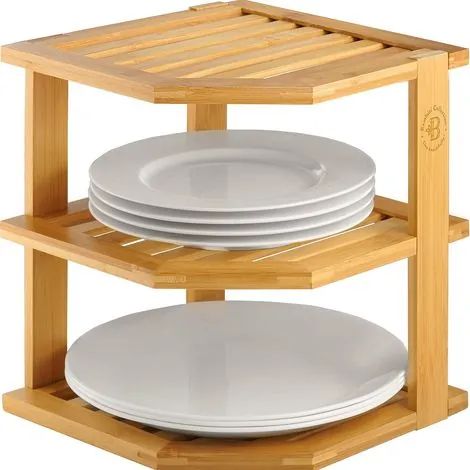 Étagère d'angle en bambou pour placard et rangement de cuisine : gain de place pour assiettes, plats, bols, pain, salle de bain ou plan de travail. Modèle empilable. (1/3)
