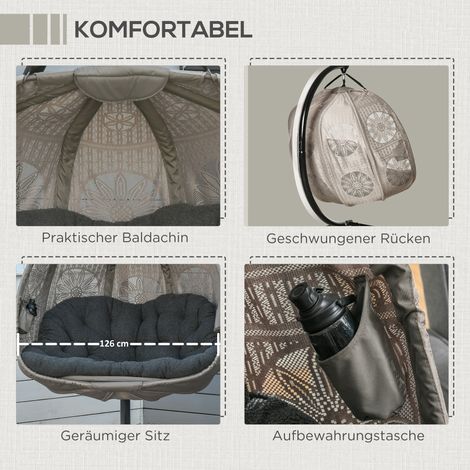 Fauteuil suspendu panier deux personnes pliable avec structure coussins tissu tricot fleuri cadre acier (1/4)