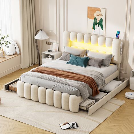 Lit double 160x200 rembourré velours beige, bande LED, système stéréo, 4 tiroirs, rangement intégré (sans matelas) (1/5)