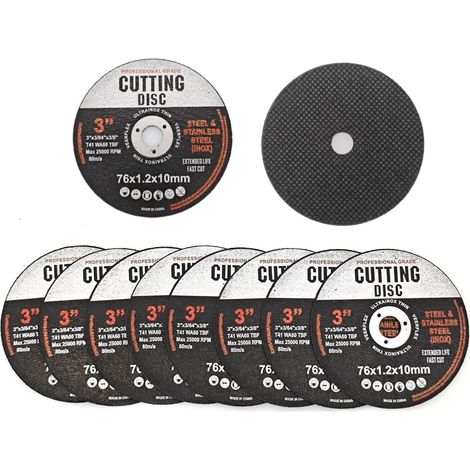 Lot de 10 disques à tronçonner pour métal 76 mm, disques ultra-fins 76 x 1,2 x 10 mm pour meuleuse d'angle 76 mm (3 pouces), en acier inoxydable, pour le travail du métal et du bois (1/5)
