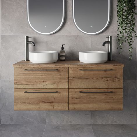 Napoli 460 Tobacco Oak 1200mm Wall Mounted 4 Drawer Vanity Unit for Countertop Basins - 1200mm - Gunmetal Grey 320mm Handle