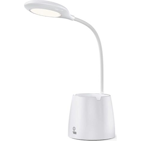 Lampe de bureau LED, lampe de table LED à intensité variable, lampe de bureau veilleuse à intensité variable, rechargeable par USB, support pour stylo et téléphone portable (blanche) (1/5)