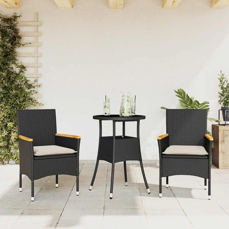 vidaXL Set comedor jardín 3 pzas cojines ratán sintético vidrio negro (1/5)