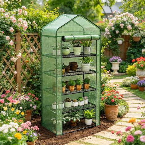 Serre de jardin robuste à 5 niveaux, porte enroulable, film PE renforcé durable (1/5)