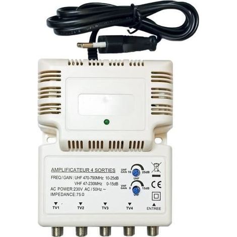AMPLIFICATEUR TNT BLINDE 4 SORTIES ampli d'intérieur antenne tv 220V Gain 10 à 25dB