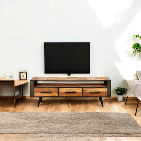 Meuble TV 3 tiroirs 1 niche bois recyclé DRAKKAR (1/4)