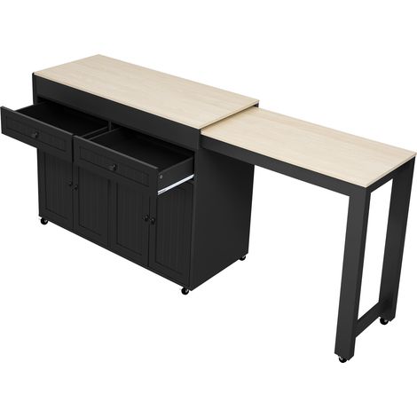Isola da Cucina con Piano Estensibile, 1 Cassetto e 7 Ruote, in MDF, 112-180,5x45x92,2 cm, Nero Naturale