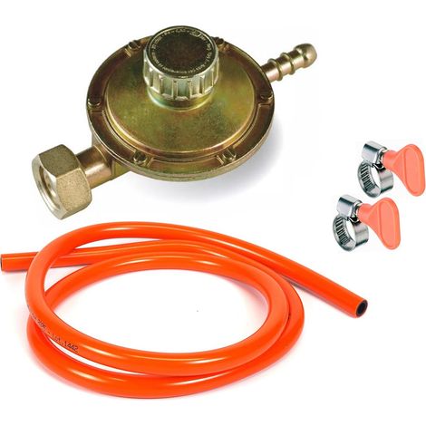 Kit regolatore Gas bassa pressione con tubo da 1,5 metri e 2 fascette di sicurezza per cucine, stufe e barbecue a gas (1/2)