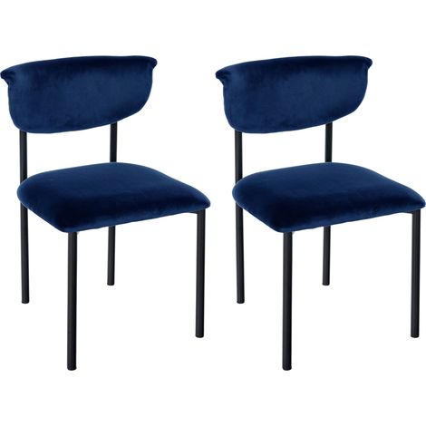Conjunto de 2 elegantes sillas de comedor de líneas limpias asiento curvado terciopelo azul oscuro y metal negro 100007406 (1/4)
