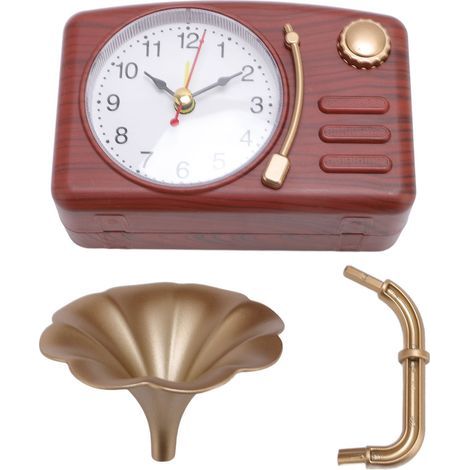Vintage plastic gramophone alarm clock, imitation phonograph, battery operated, decorative for bedside table or desk, wood-effect color. (1/5)